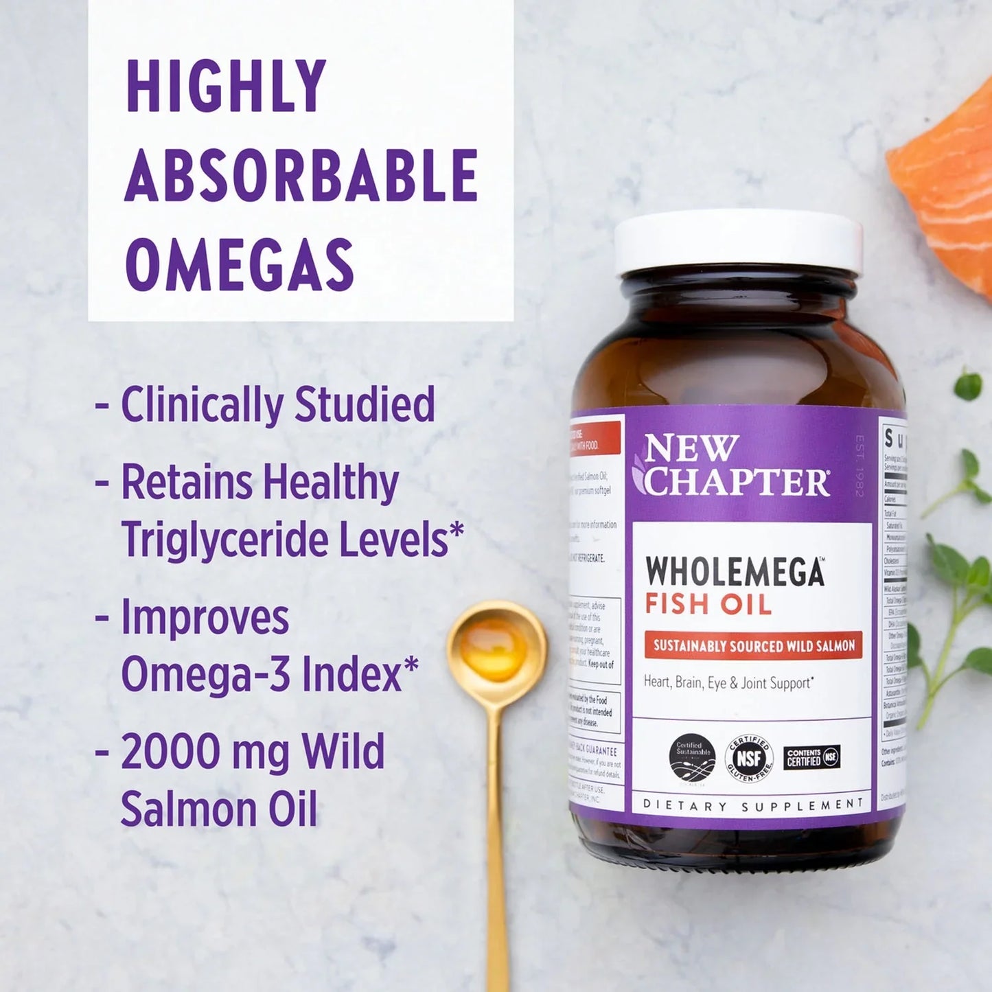 New Chapter Wholemega Fish Oil, 180 Softgels, 2000mg Wild Alaskan Salmon Oil Supplement with Omega-3, Vitamin D3, and Astaxanthin