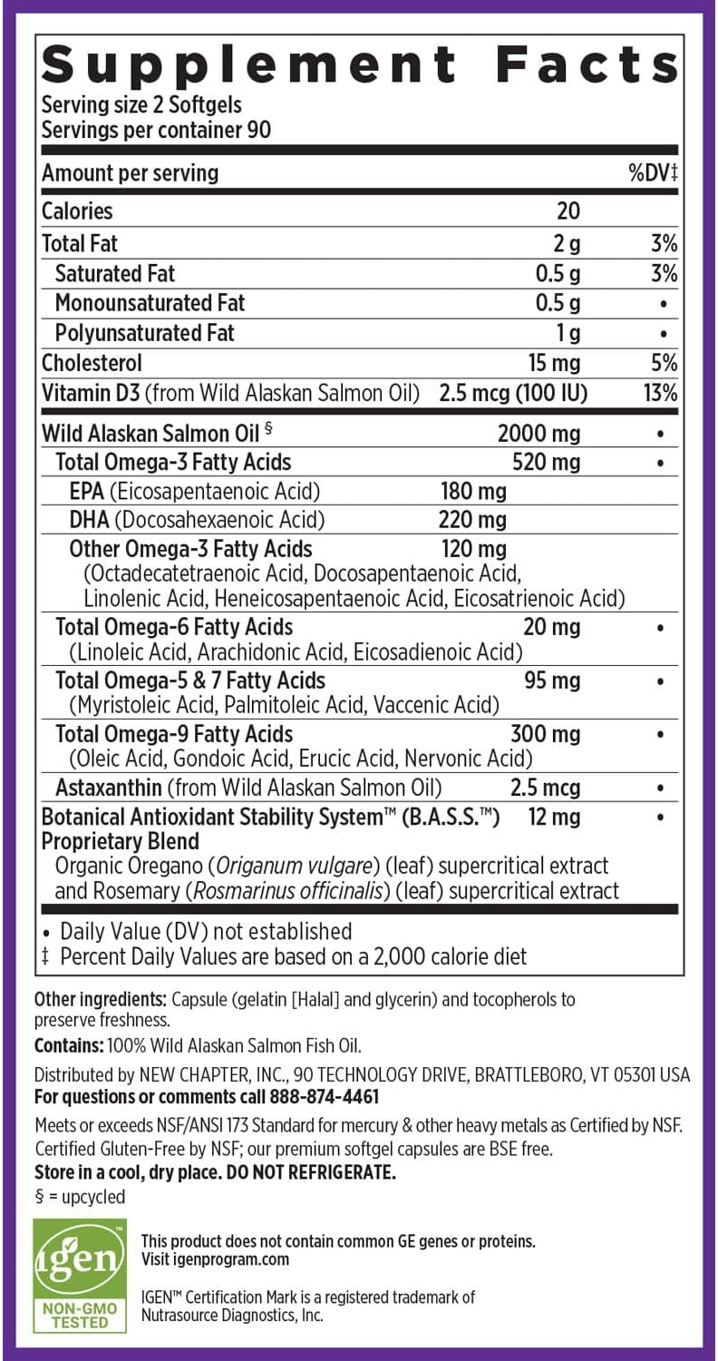 New Chapter Wholemega Fish Oil, 180 Softgels, 2000mg Wild Alaskan Salmon Oil Supplement with Omega-3, Vitamin D3, and Astaxanthin